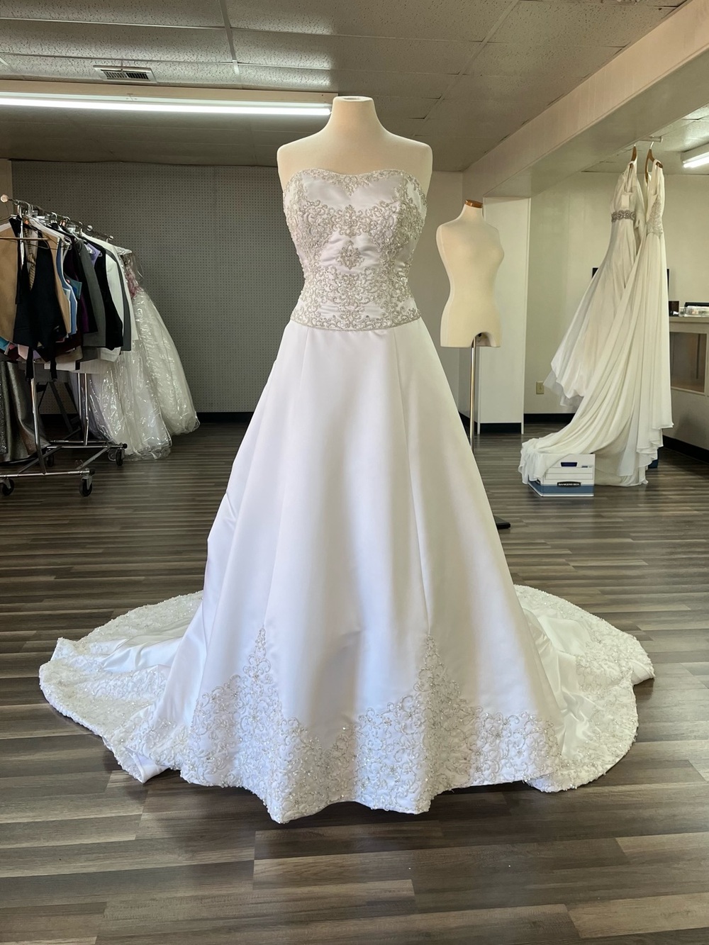 Strapless White Bridal Ball Gown with Beaded Bodice& Train